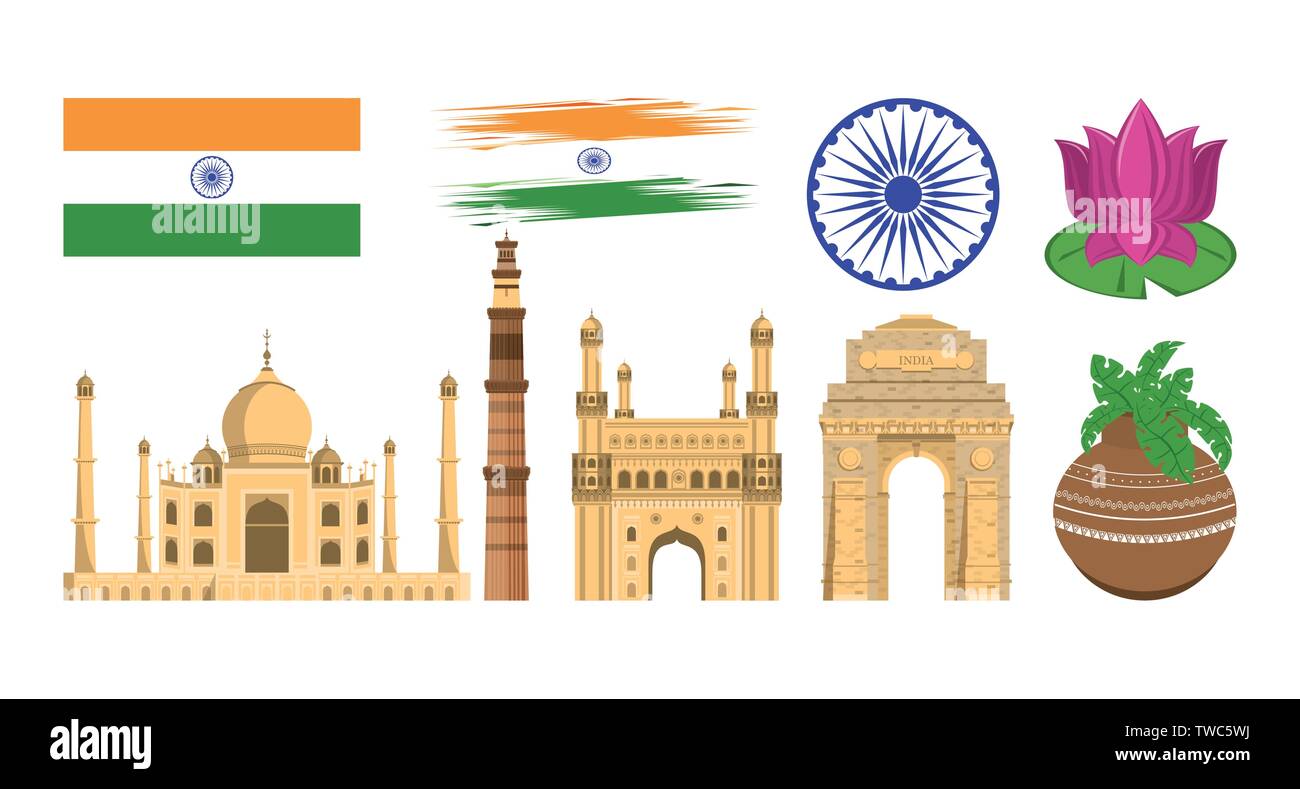 India set of monuments and emblems icons Stock Vector
