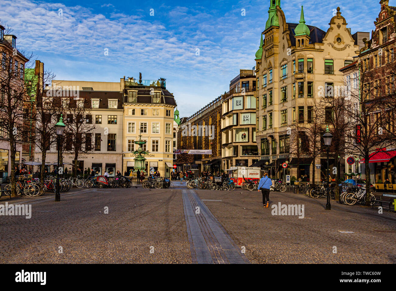 Amagertorv, a square at the centre of the Stroget pedestrianised area on a quiet winter day. Copenhagen, Denmark. January 2019. Stock Photo