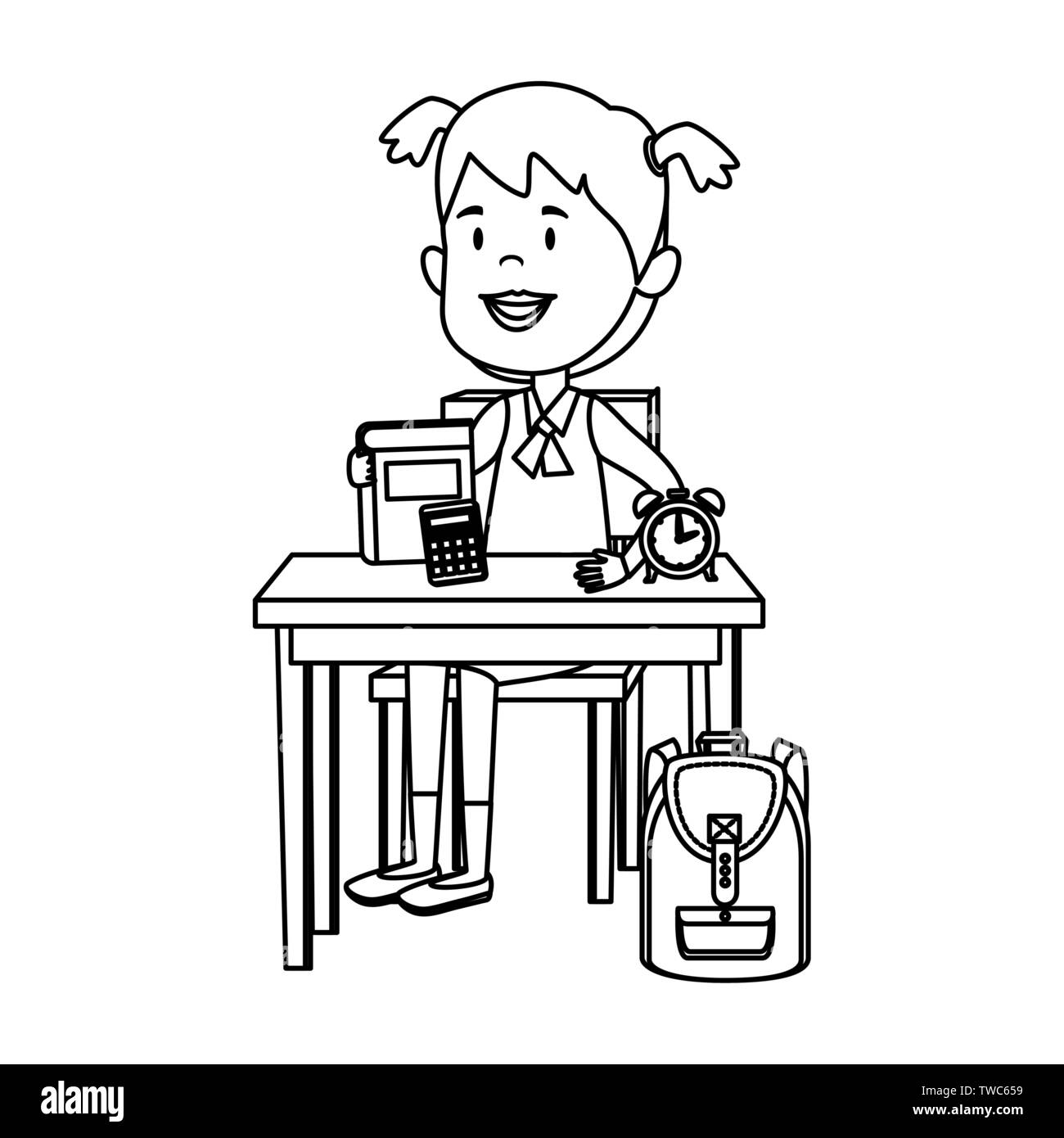 happy student girl with supplies seated in school desk Stock Vector ...