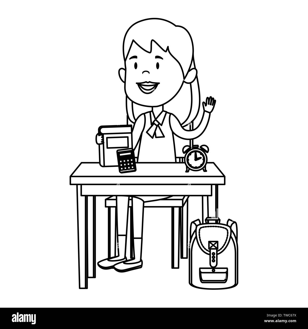 happy student girl with supplies seated in school desk Stock Vector ...