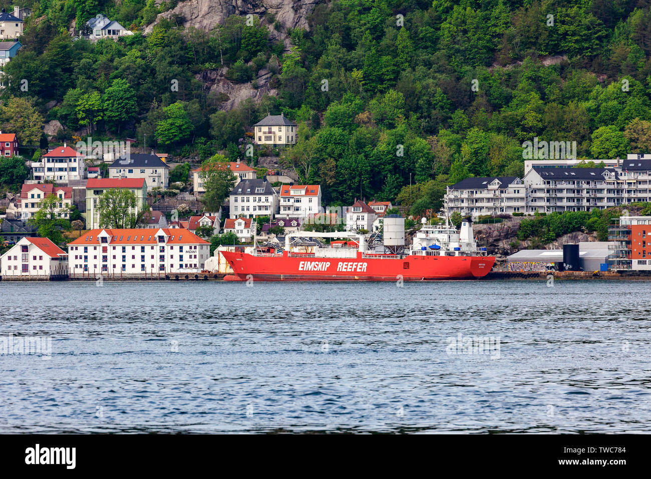 Reefer vessel Vidfoss in Sandviken, port of Bergen, Norway. Stock Photo