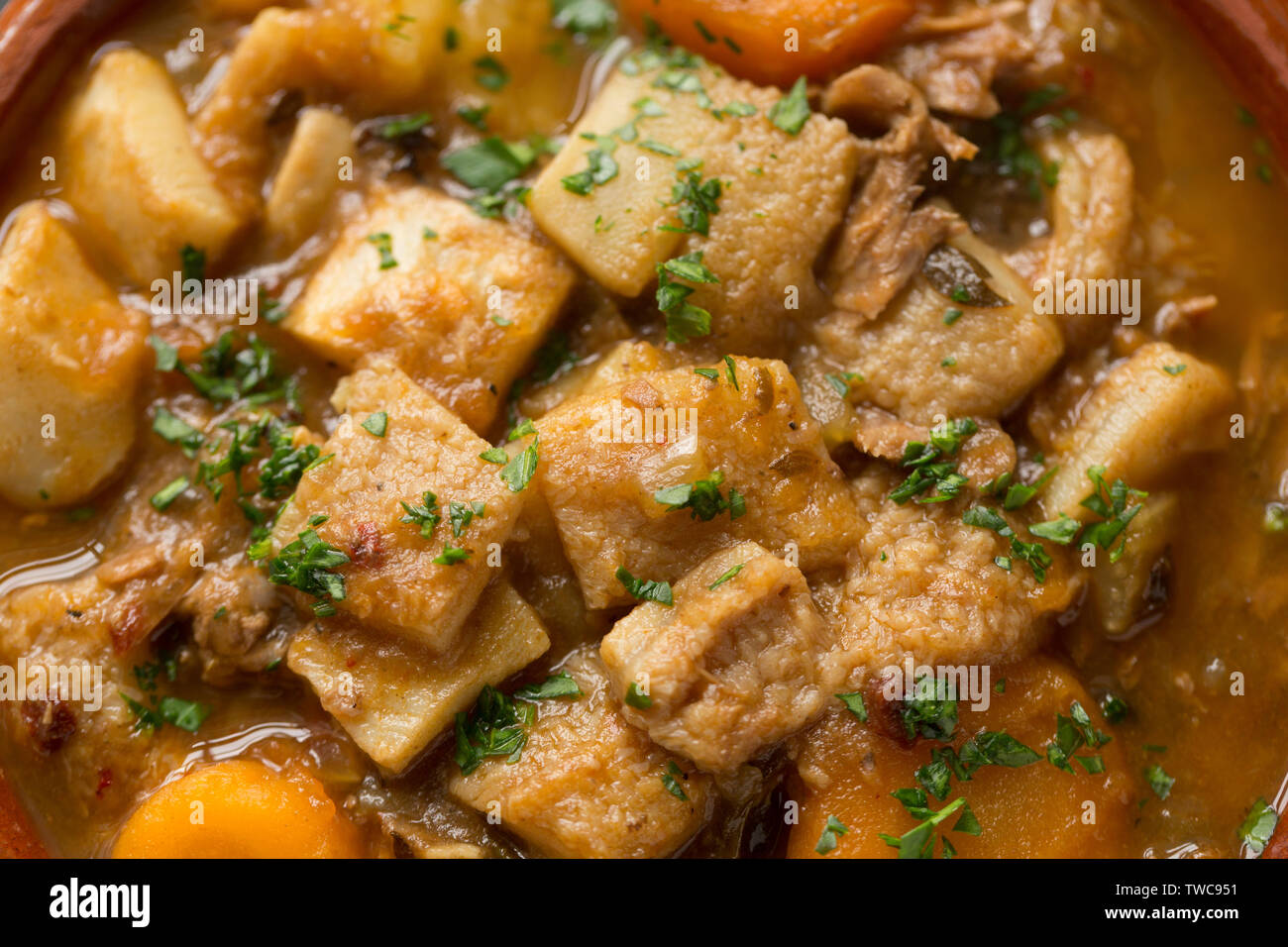 A meat stew made from roe deer venison, vegtables and herbs to which cubes of ox tripe have been added. England UK GB Stock Photo