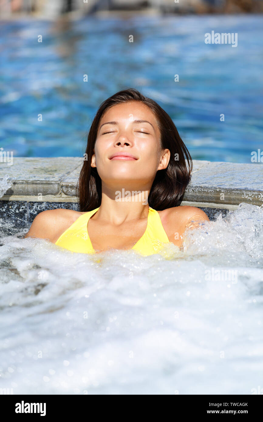 Spa Wellness Woman Relaxing In Hot Tub Whirlpool Jacuzzi Outdoor At Luxury Resort Spa Retreat