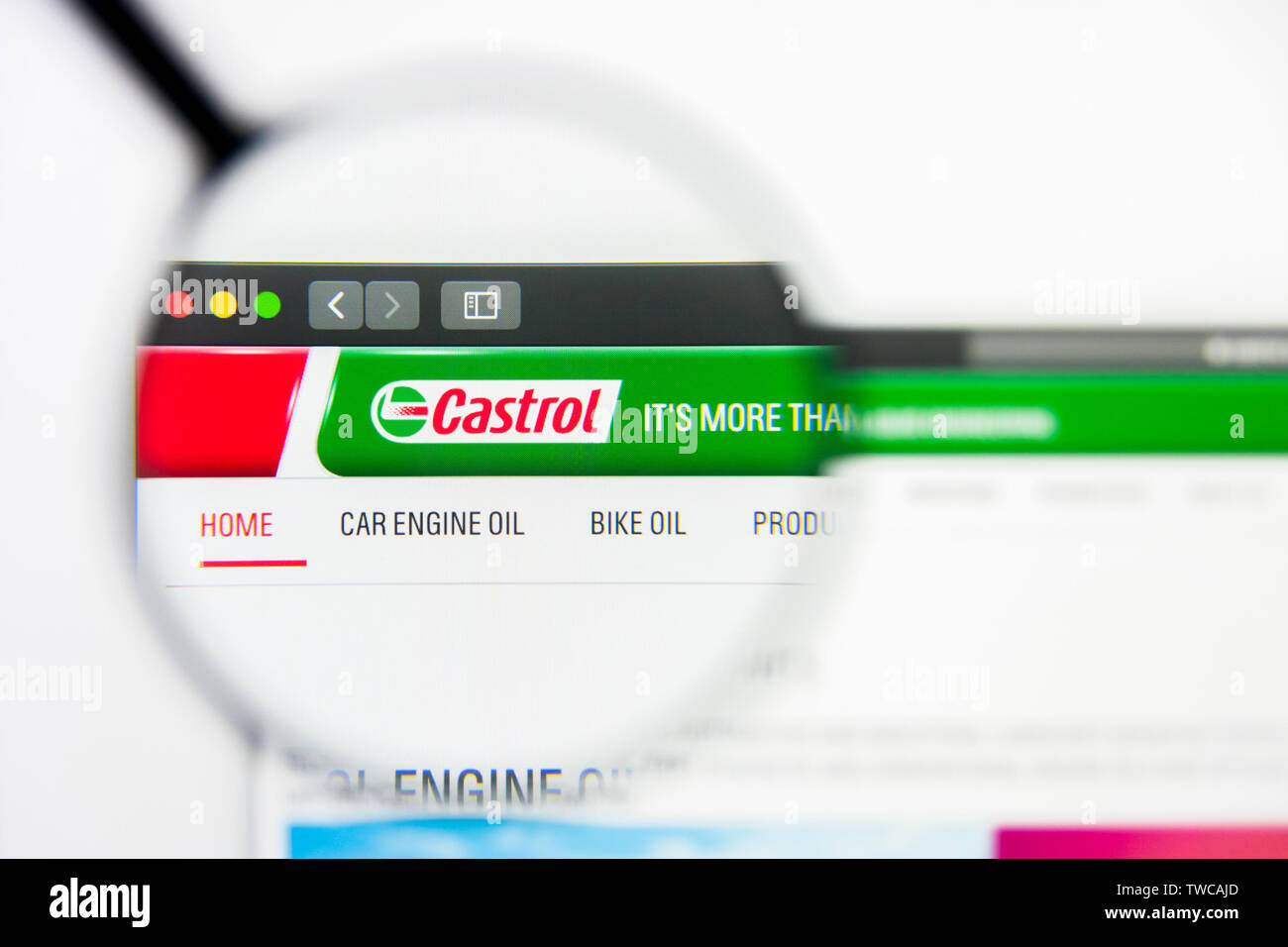 New York, New York State, USA - 19 June 2019: Illustrative Editorial of Castrol India website homepage. Castrol India logo visible on screen. Stock Photo