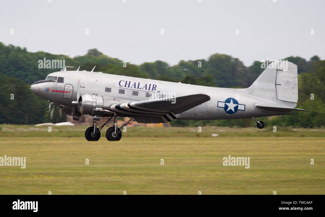 Chalair Aviation - Douglas DC-3 (F-AZOX) at the Daks over Normandy Airshow on the 4th June 2019 to commemorate the 75th anniversary of D-Day Stock Photo