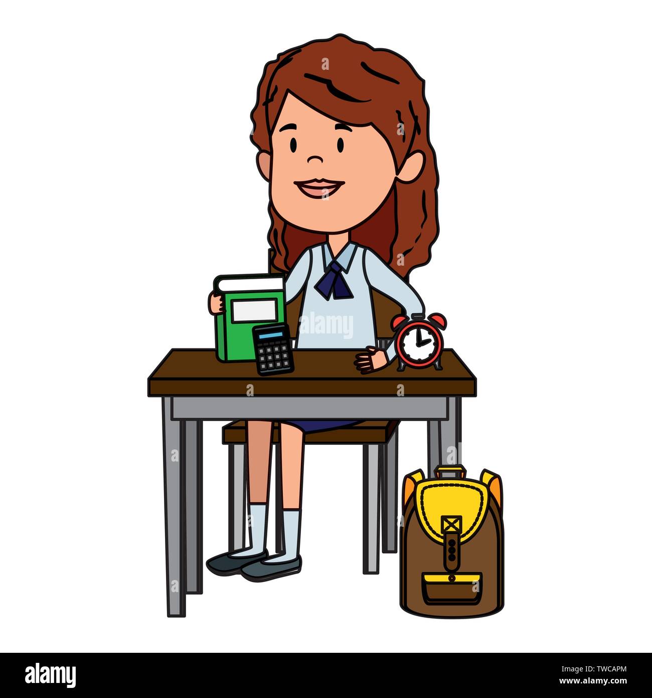 happy student girl with supplies seated in school desk Stock Vector ...