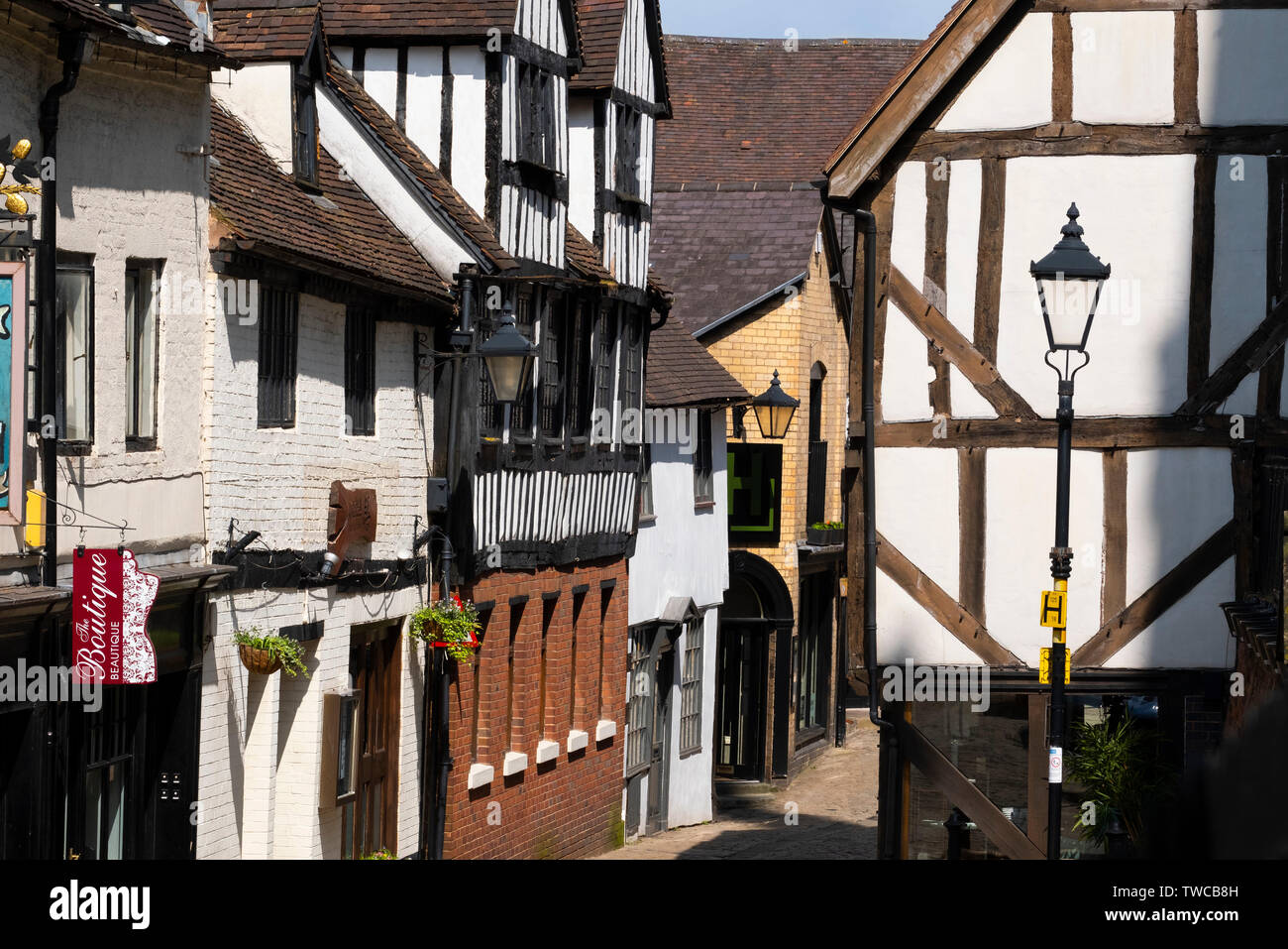 Half timbered buildings in Fish Street, Shrewsbury, Shropshire, England, UK Stock Photo