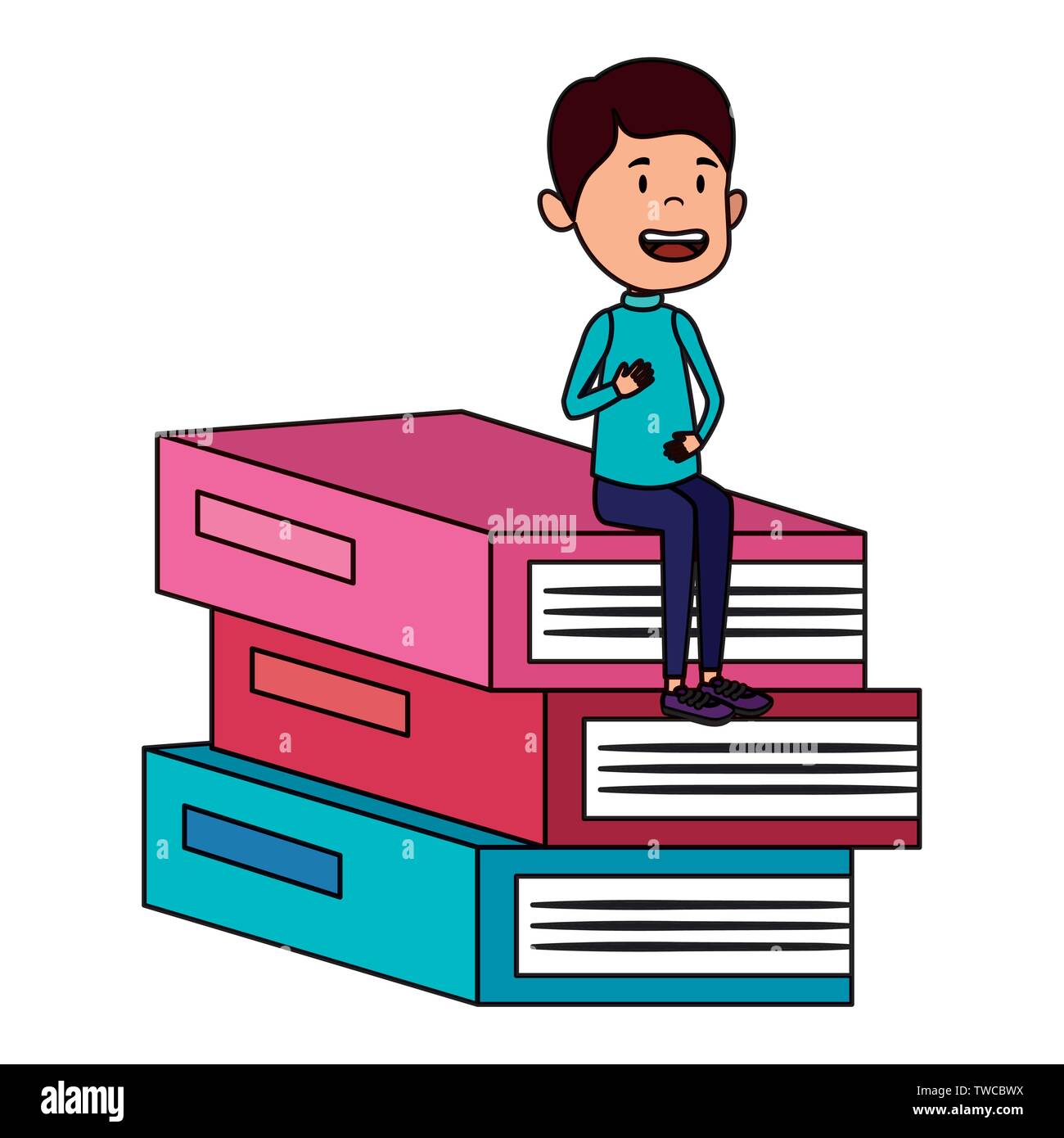 happy student boy seated in pile books Stock Vector Image & Art - Alamy