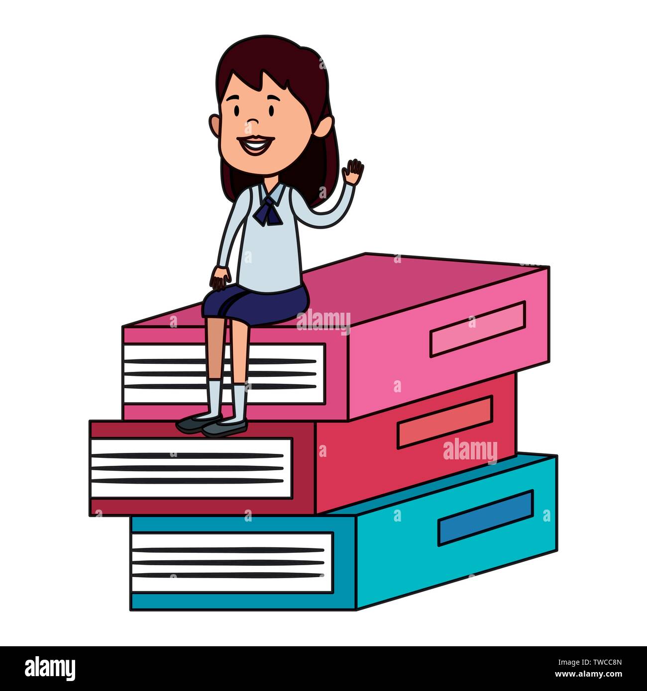 happy student girl seated in pile text books Stock Vector Image & Art ...