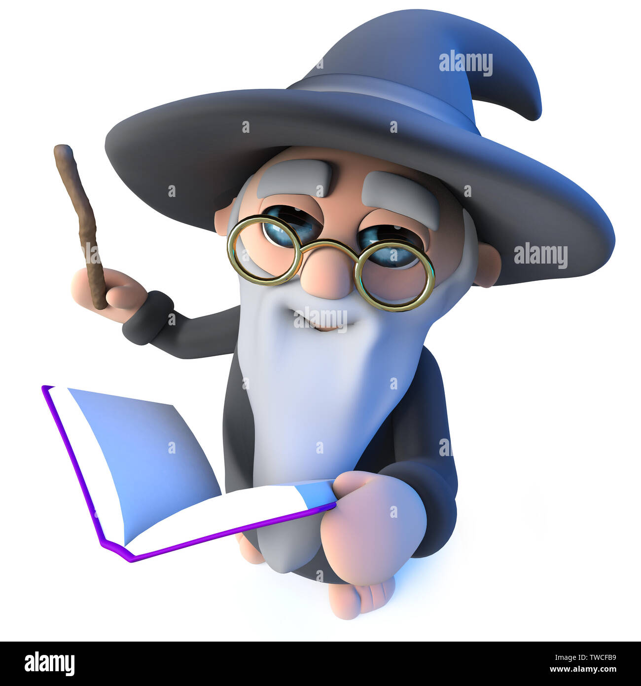 3d render of a funny wizard magician character waving his wand at his magic book of spells Stock Photo