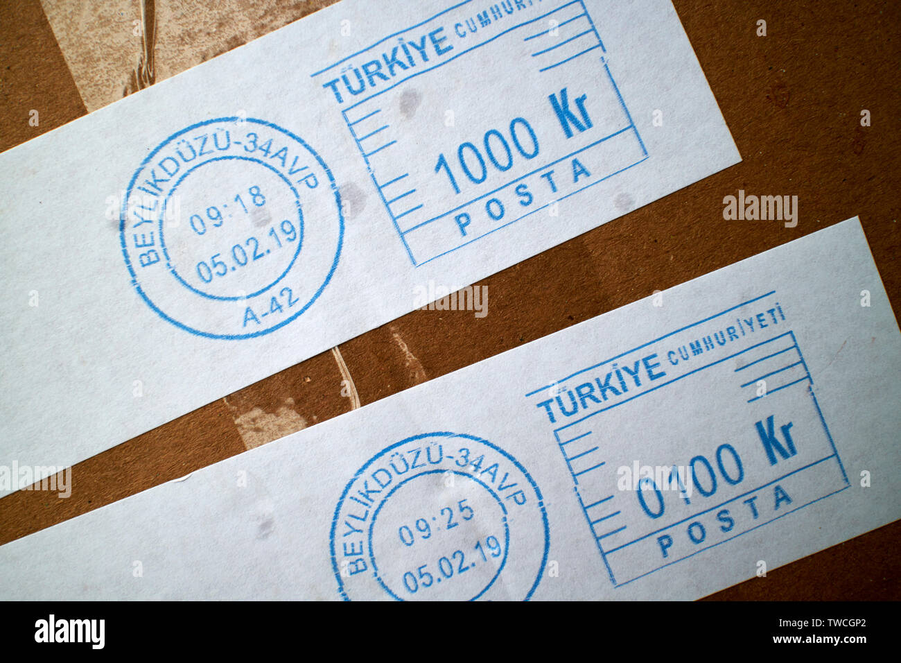 postmarked franked parcel sent to the uk from turkey Stock Photo
