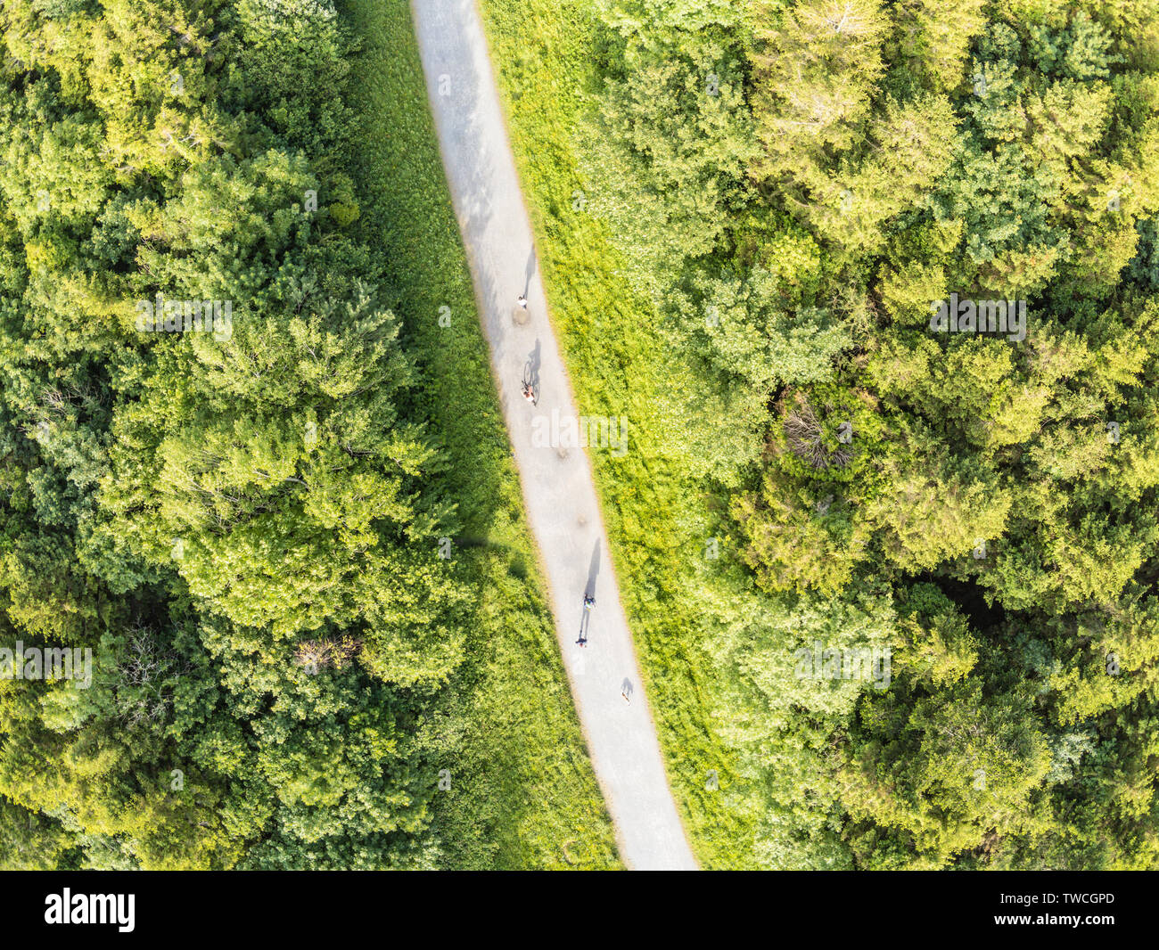 Aerial view of People walking and cycling at trail in Merlin Park ...