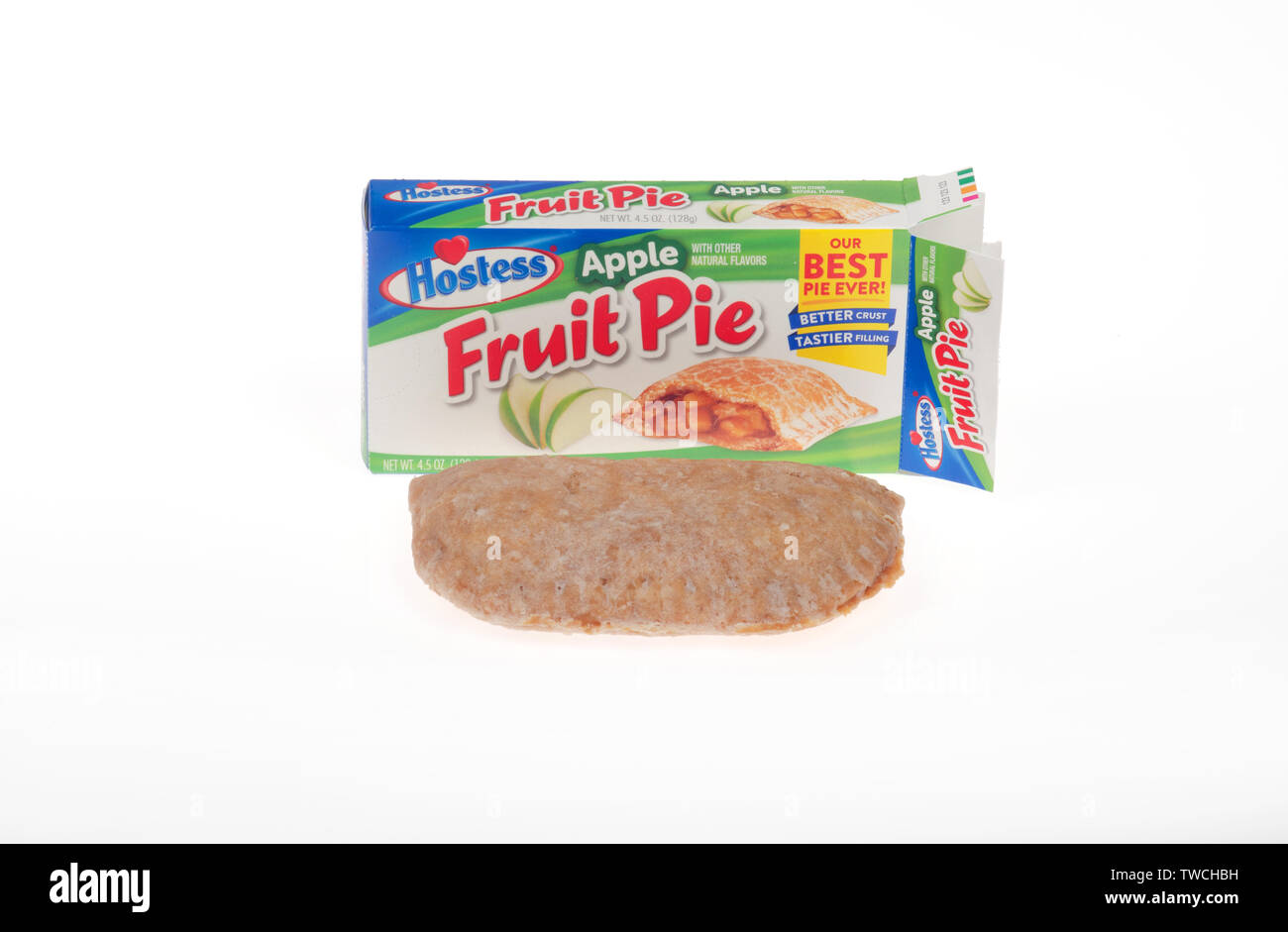 Hostess brand apple fruit pie with opened box showing pie Stock Photo