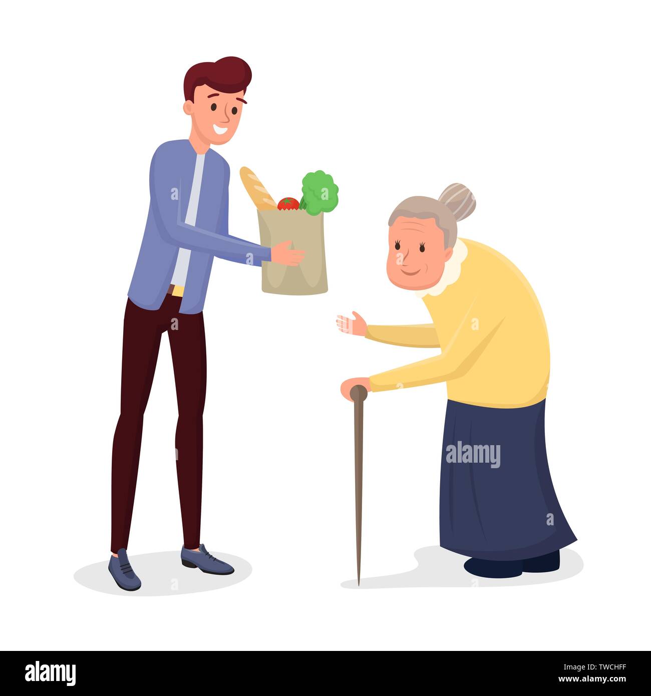 Helping elderly people flat vector illustration. Young man, social worker, volunteer delivering food, doing purchases for old, senile person. Cartoon grandson visiting grandma with grocery products Stock Vector
