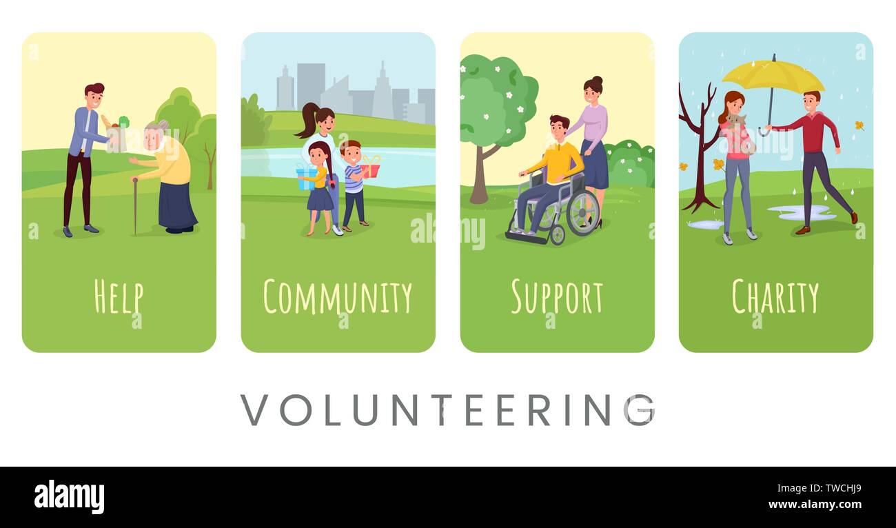 Volunteering flat vector banner templates set. Helping disabled and lonely people, supporting orphan asylums typography. Charity organization protecting homeless animals, abandoned pets Stock Vector