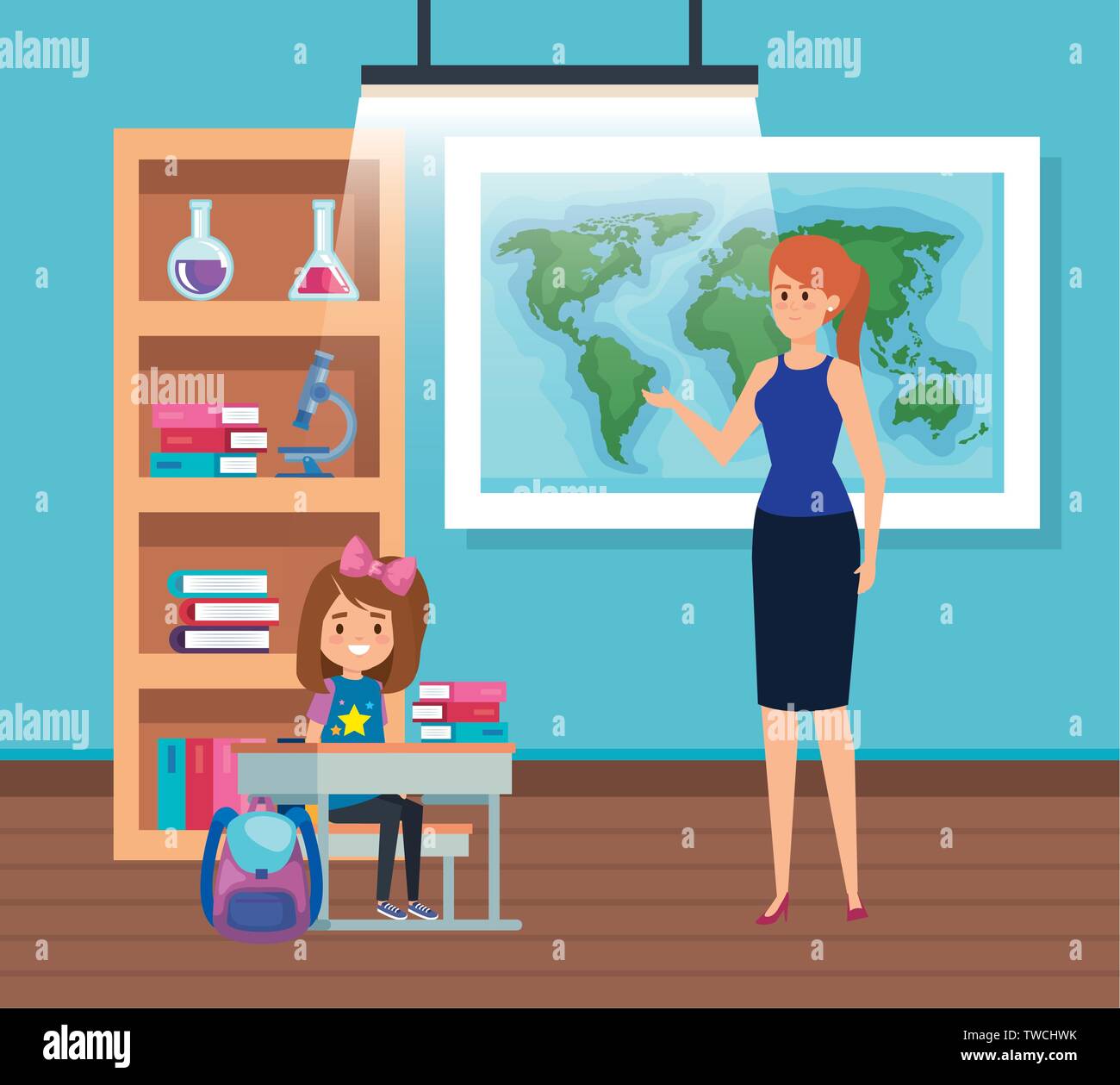 female teacher with student girl in the classroom Stock Vector Image ...
