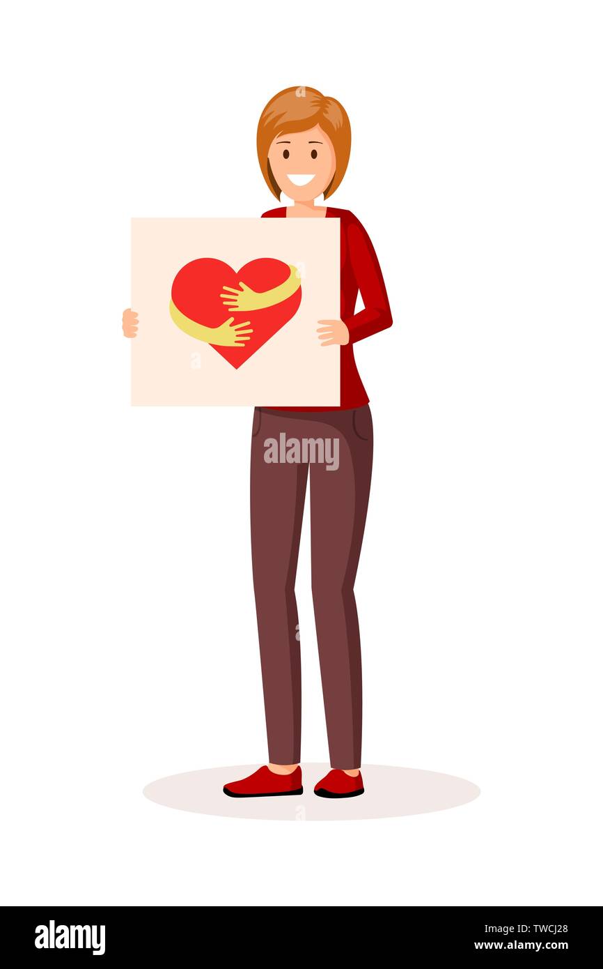 Woman holding transporant with heart. Flat style vector illustration. Colorful red hug sign logo on poster Stock Vector