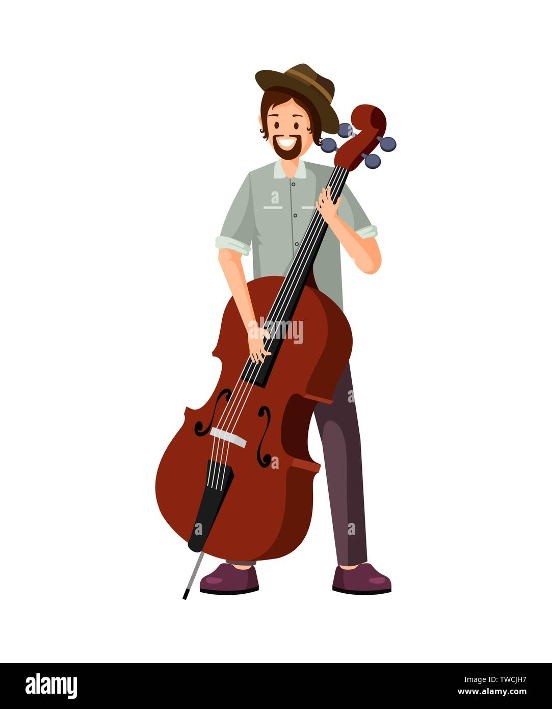 Male cello player flat vector illustration. Cheerful cellist, street musician playing acoustic musical instrument. Professional jazz performer holding contrabass, double bass with fingers on strings Stock Vector