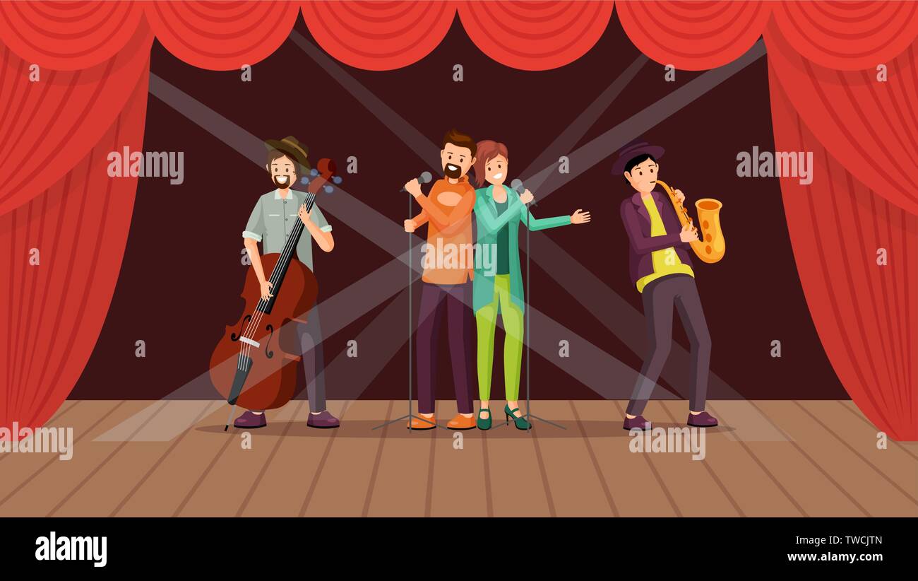 Jazz band concert flat vector illustration. Cartoon duet singers performing on stage with red curtains. Music accompaniment, cellist, saxophonist musicians, playing cello, saxophone in spotlight Stock Vector