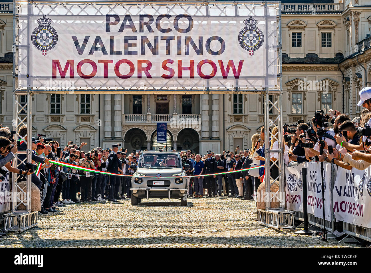 Piedmont Turin - Turin auto show 2019  - Valentino park - Valentino castle  - Cutting of the Second Inaugural Tape of the Smart Road' project car with autonomous driving on the road Stock Photo