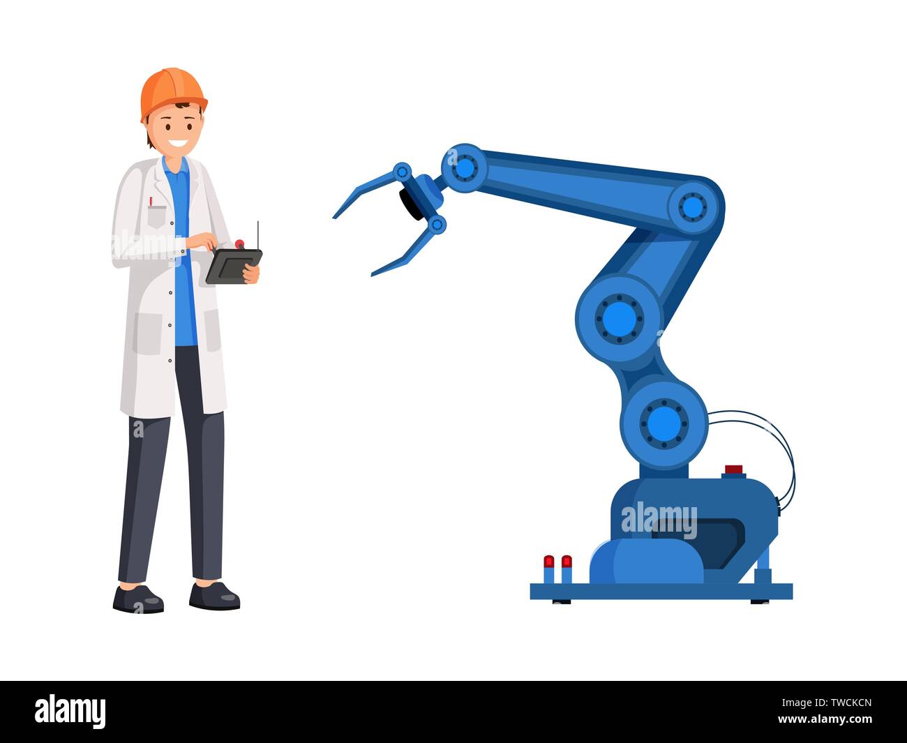 Engineer operate robotic arm flat illustration. Smart industry, automatic manufacturing, industrial revolution. Scientist, mechanic setting futuristic technologies isolated cartoon character Stock Vector