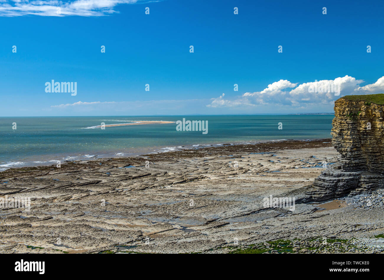 The Glamorgan Heritage Coast in south Wales  - all limestone cliffs and rocks. This is Nash Point beach and the infamous sandbank.Welsh Coast, Wales Stock Photo