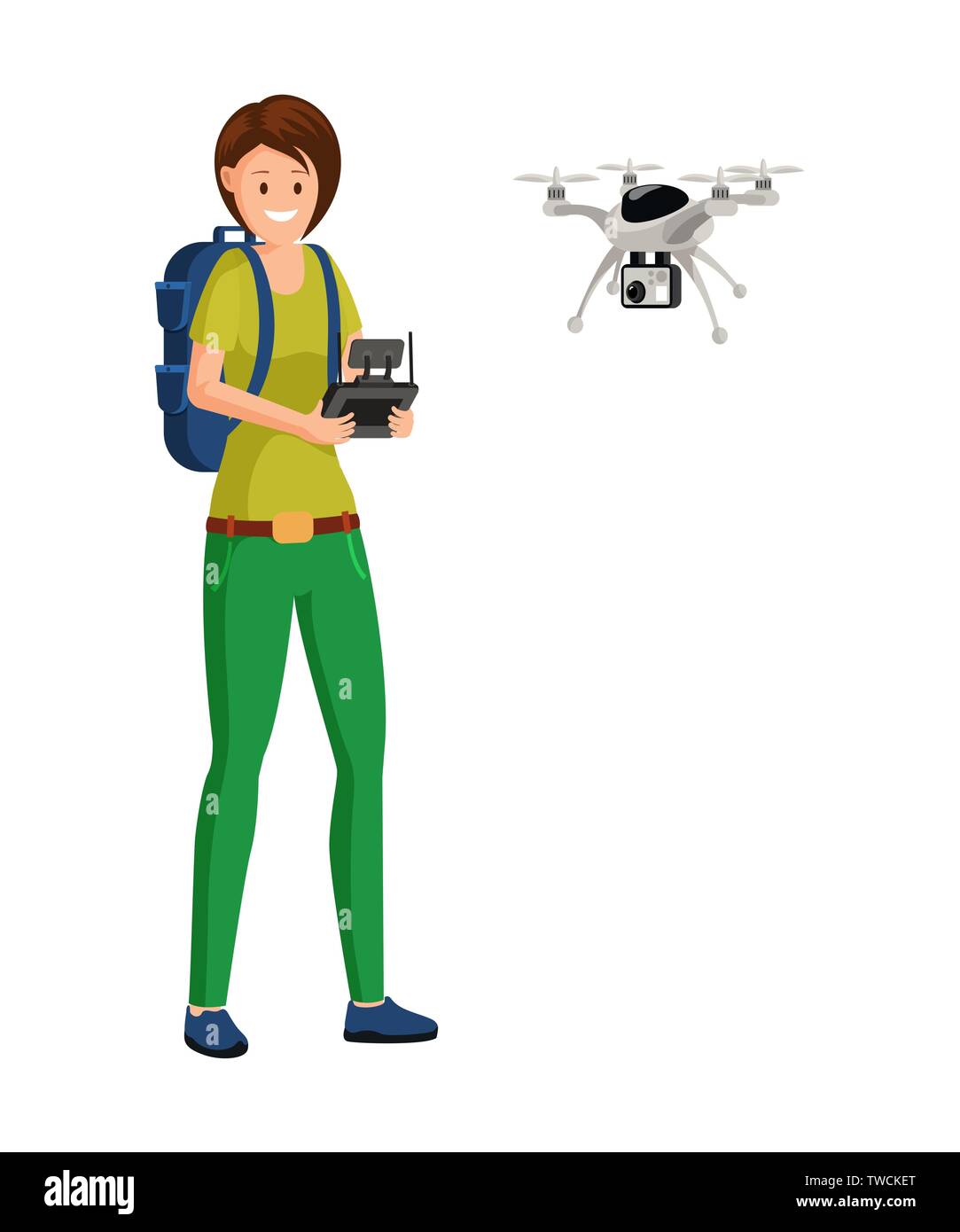 Drone pilot job flat vector illustration. Woman, UAV operator playing with  copter, quadrotor cartoon isolated character. Digital military technology,  innovation, modern toy, videotaping device Stock Vector Image & Art - Alamy