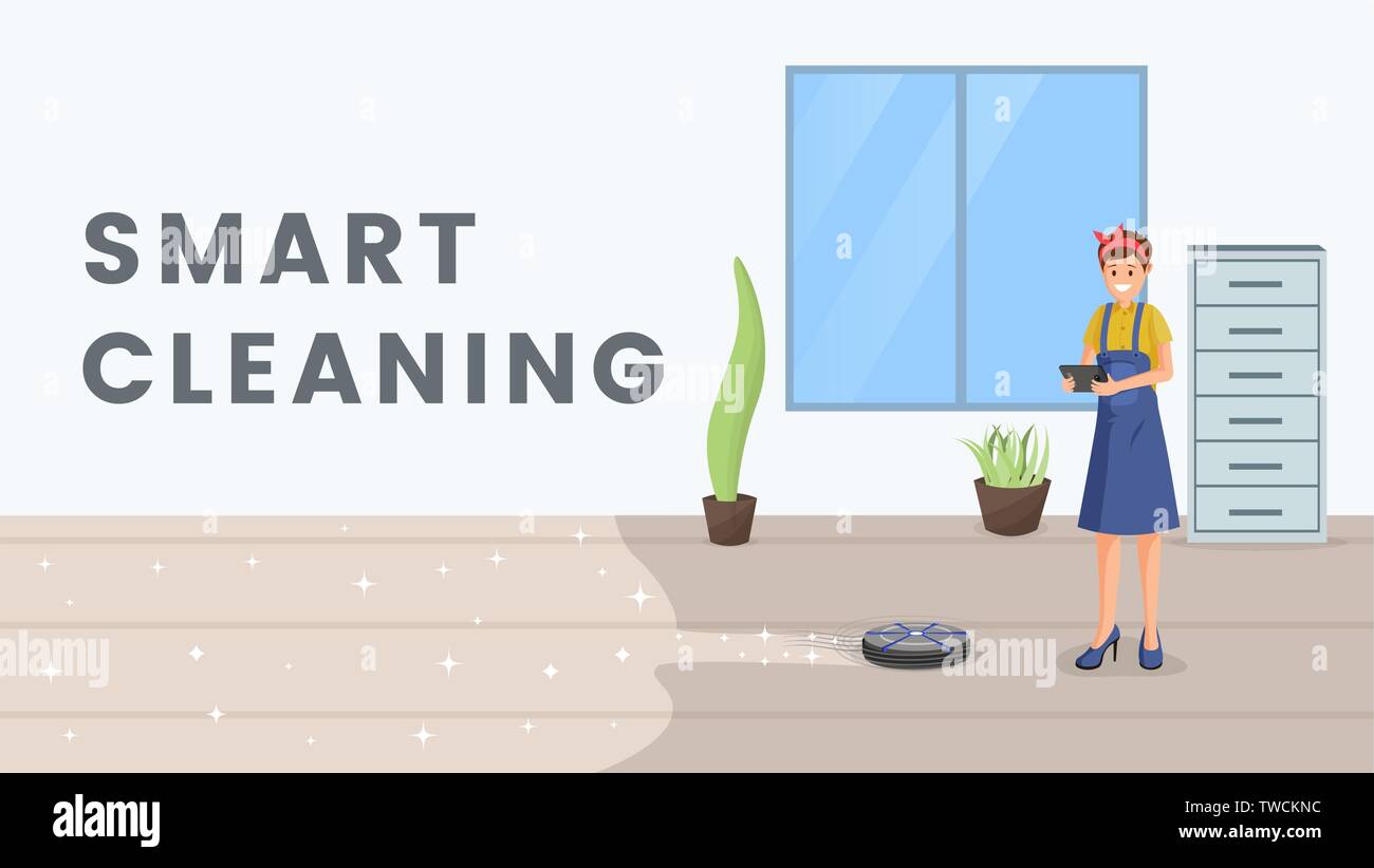 Smart cleaning flat vector banner template. Housewife using robot vacuum cleaner, automatic household appliance cartoon character. Housekeeping with modern, futuristic technologies, home automation Stock Vector