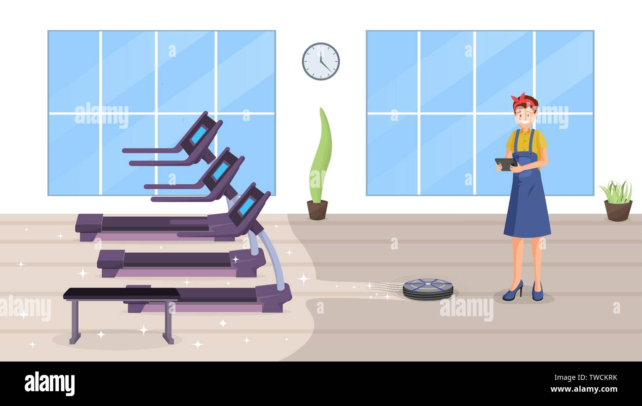 Gym smart cleaning flat vector illustration. Happy female janitor using automatic robot vacuum cleaner cartoon character. Fitness club cleaning with intelligent technologies, automation Stock Vector