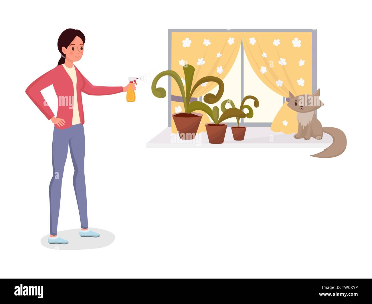 Woman spraying potted flowers flat character. Young girl watering, sprinkling foliage plants, doing house work vector isolated illustration. Houseplants nursery and care, household chores  Stock Vector