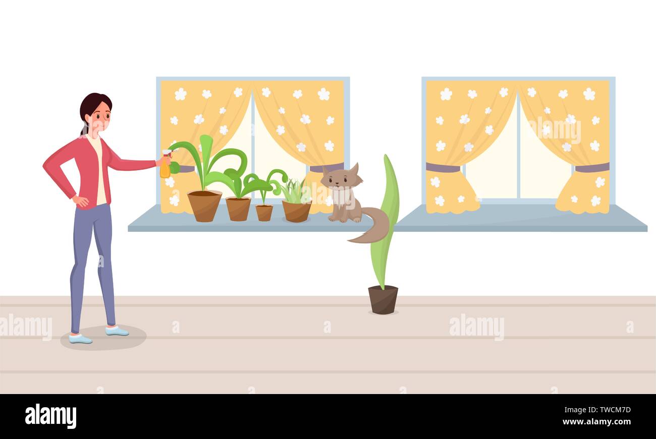 Woman spraying potted plants flat illustration. Young girl watering, sprinkling flowers, doing housework, cat sitting on window sill vector drawing. Houseplants nursery and care, domestic chores  Stock Vector