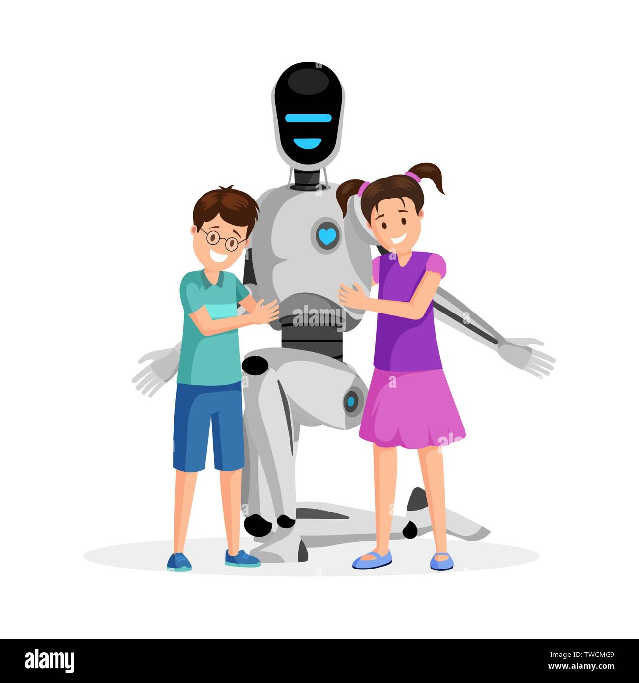 Robot with happy children flat vector illustration. Little boy and girl with artificial babysitter cartoon characters. Futuristic babysitting, childcare service innovation, family friendly technology Stock Vector