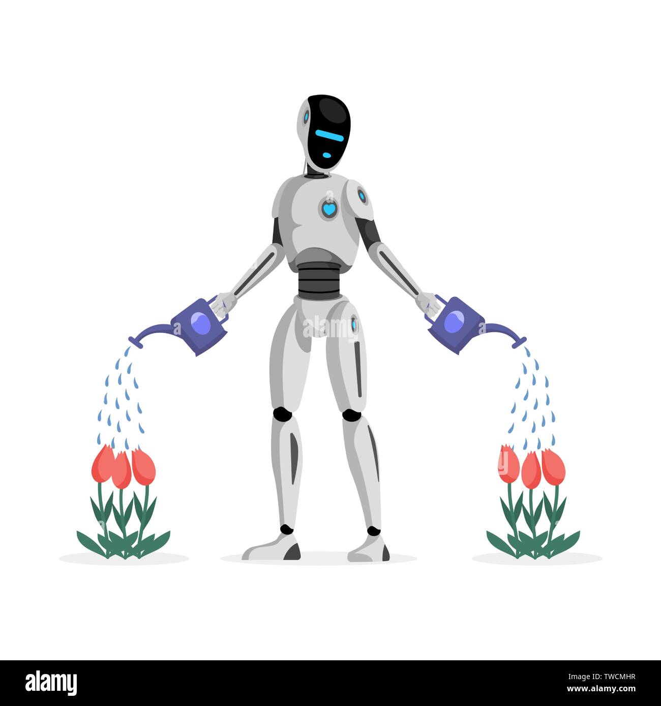 Robot watering flowers flat vector illustration. Mechanical gardener, futuristic garden assistant cartoon character. Artificial intelligence cultivating plants, horticulture assistance technology Stock Vector