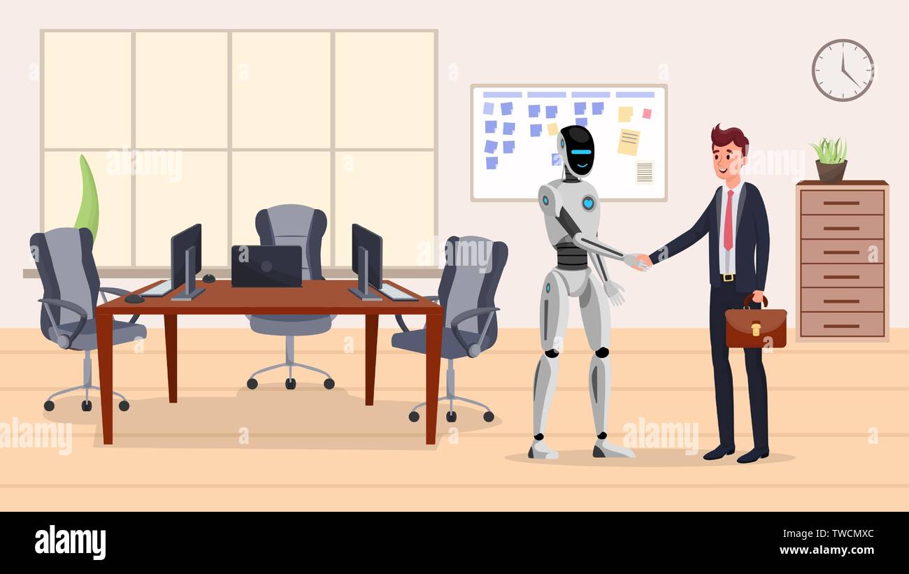 Cyborg and businessman flat vector illustration. Humanoid robot and ...