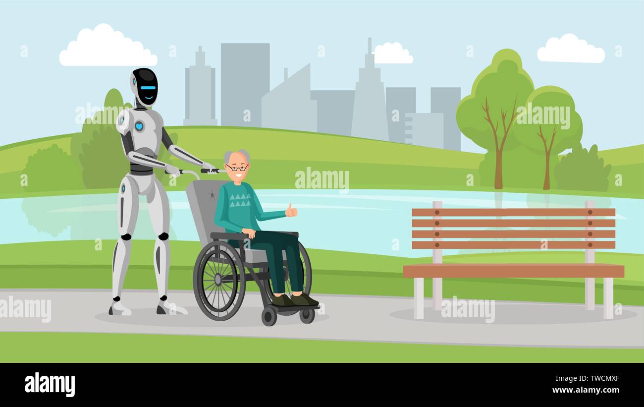 Cyborg with old man outdoor vector illustration. Mechanical caregiver and disabled senior in wheelchair on walk in park cartoon characters. Futuristic elderly care, robot assistant for handicapped Stock Vector