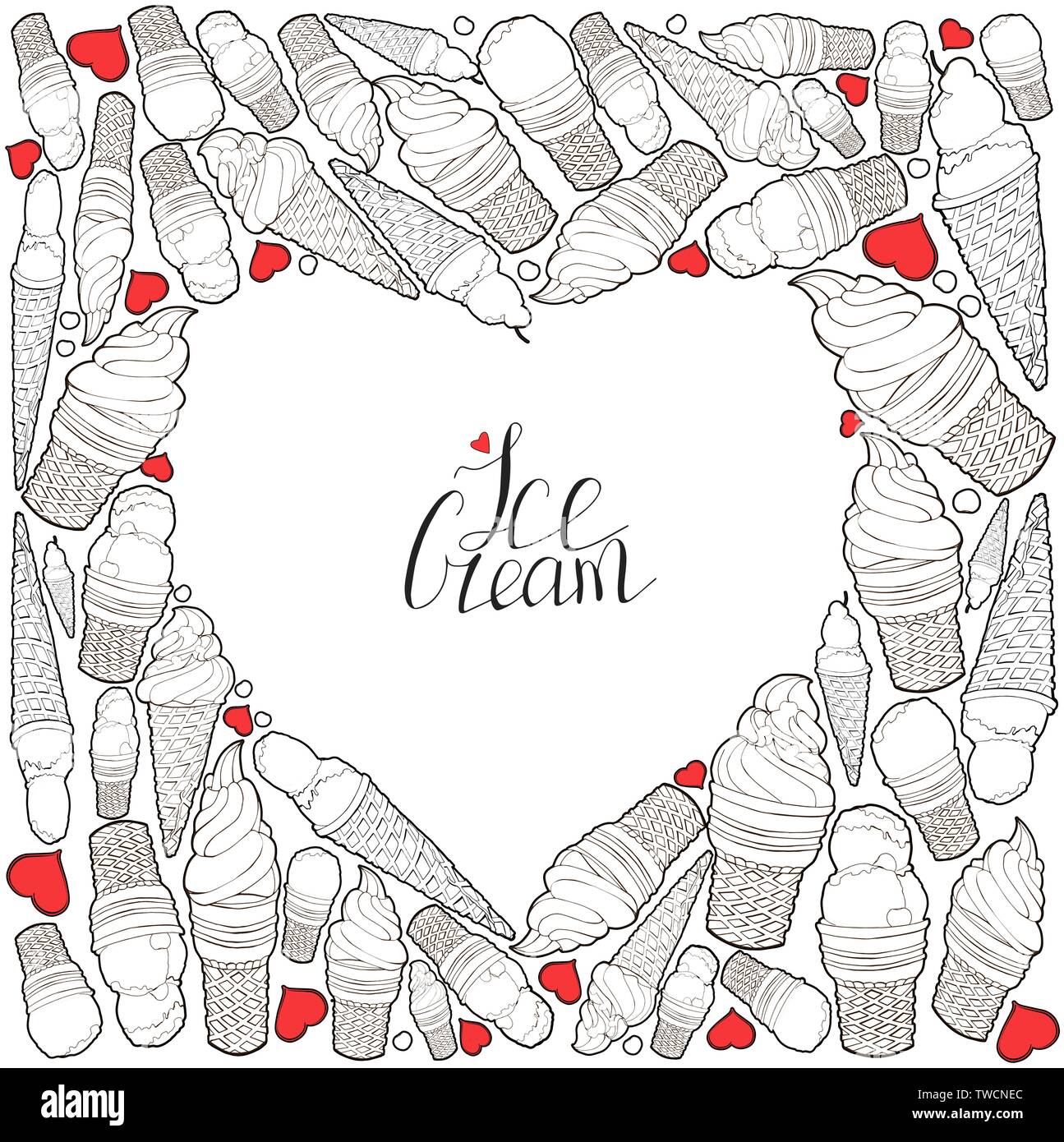 Heart made of hand drawn ice cream. Handwritten lettering. Vector