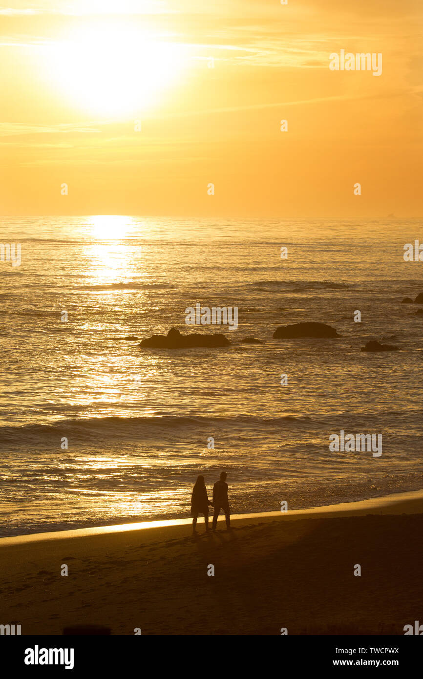 Couple Walking Hand in Hand on Beach Near Sunset Stock Photo - Alamy