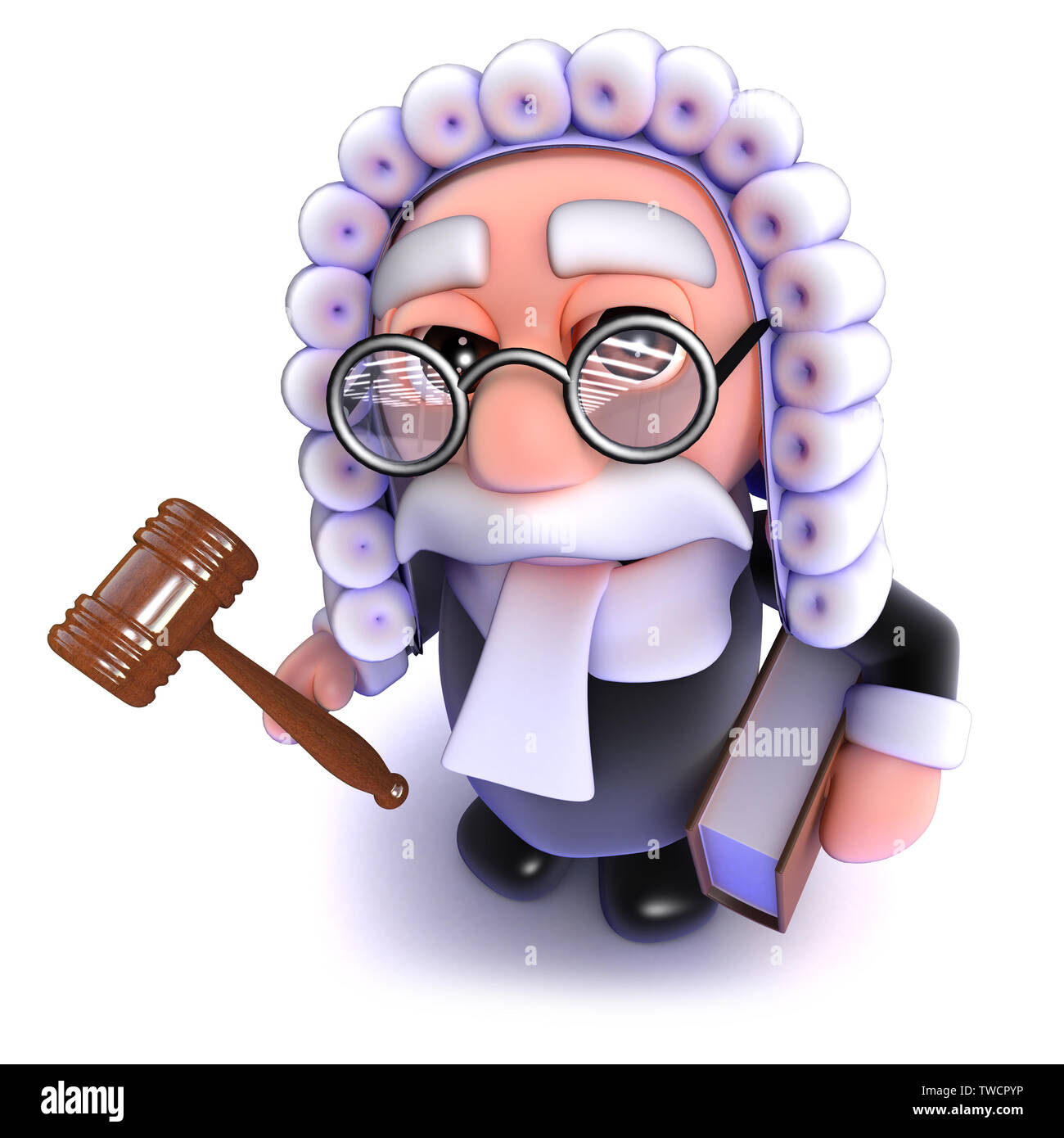 3d render of a funny cartoon judge holding a gavel and law book Stock Photo