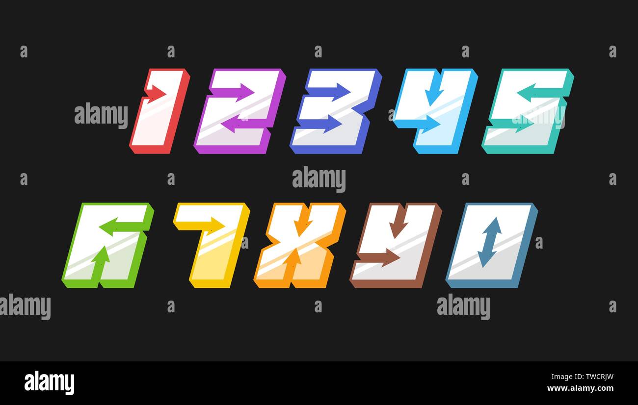 Number colourful set in 3d italic vintage style with arrows in speedy srtyle trendy typography consisiting of 1 2 3 4 5 6 7 8 9 0 for poster design or greeting card. Vector modern font EPS 10 Stock Vector