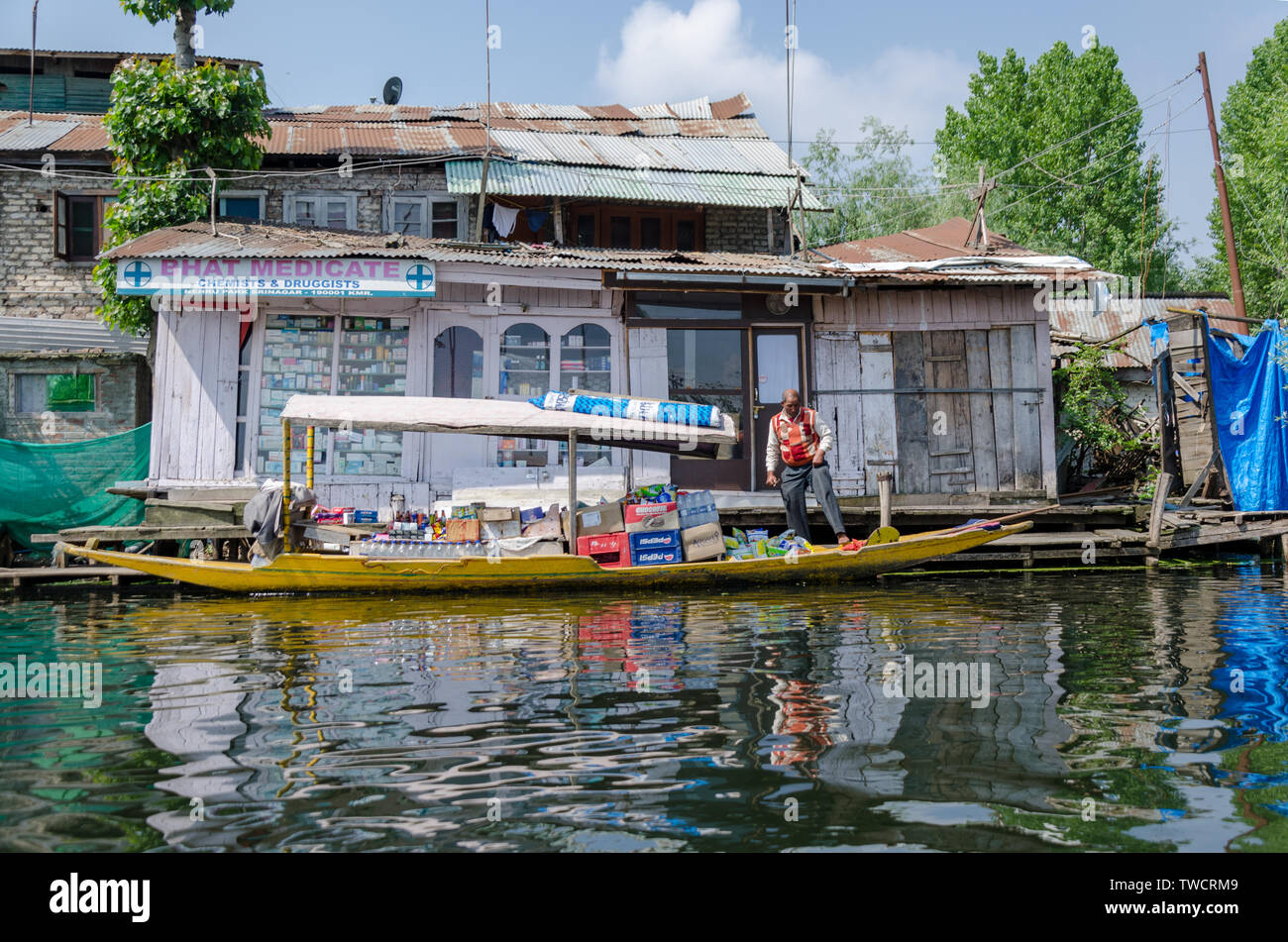 Floating shops and houses of people living on Dal Lake, Srinagar, Jammu