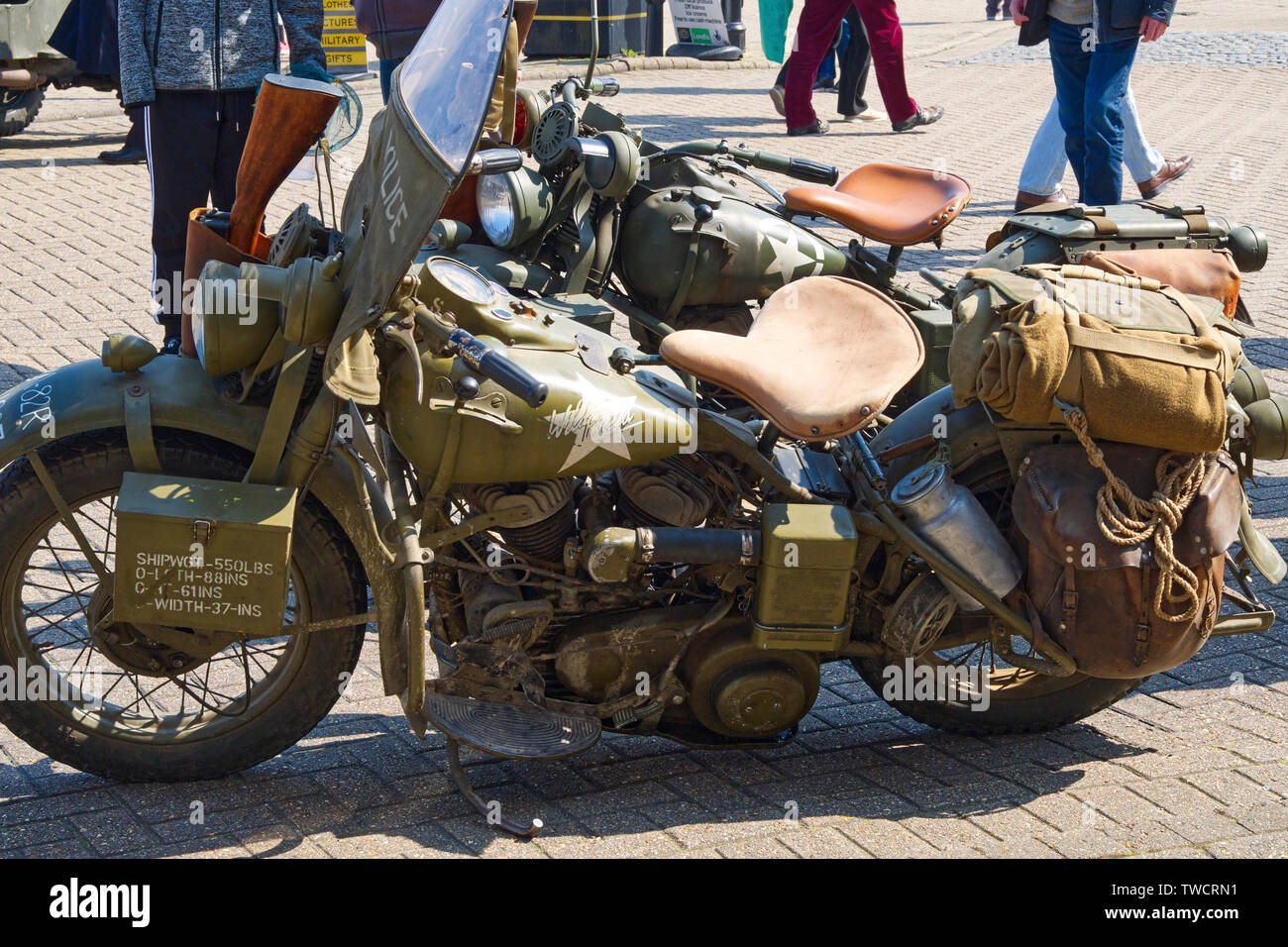 A fully equipped1942 vintage Military Harley Davidson parked at Weymouth Harbour, Weymouth, Dorset Stock Photo