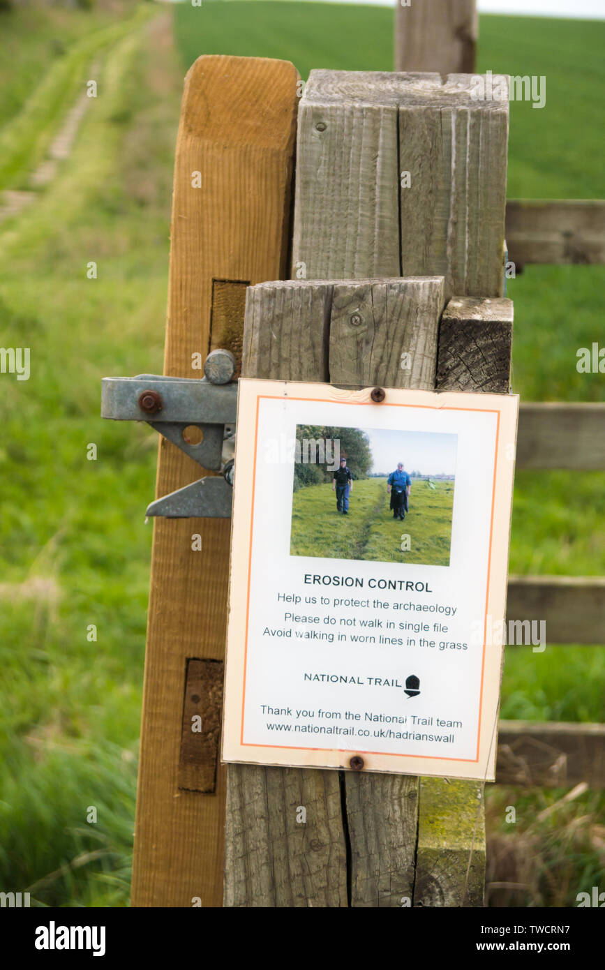 'National Trail Erosion Control' Notice at Whittle Dene Nature Reserve Stock Photo