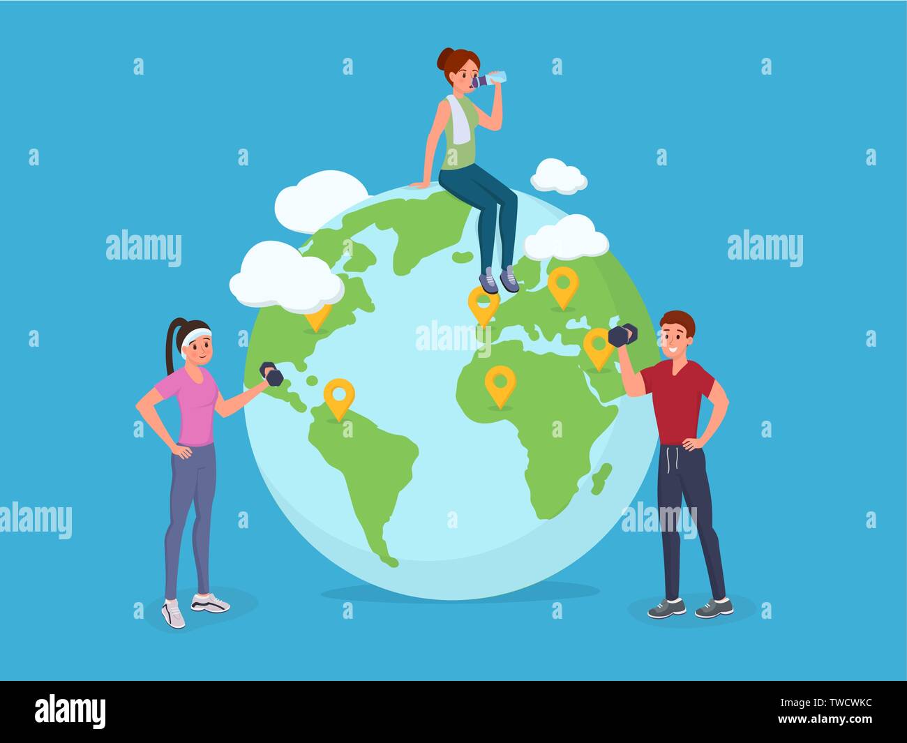Cartoon fitness people sitting and standing near globe vector illustration. Men and women having workout around world. Healthy lifestyle concept. Location pins icons isolated on blue Stock Vector