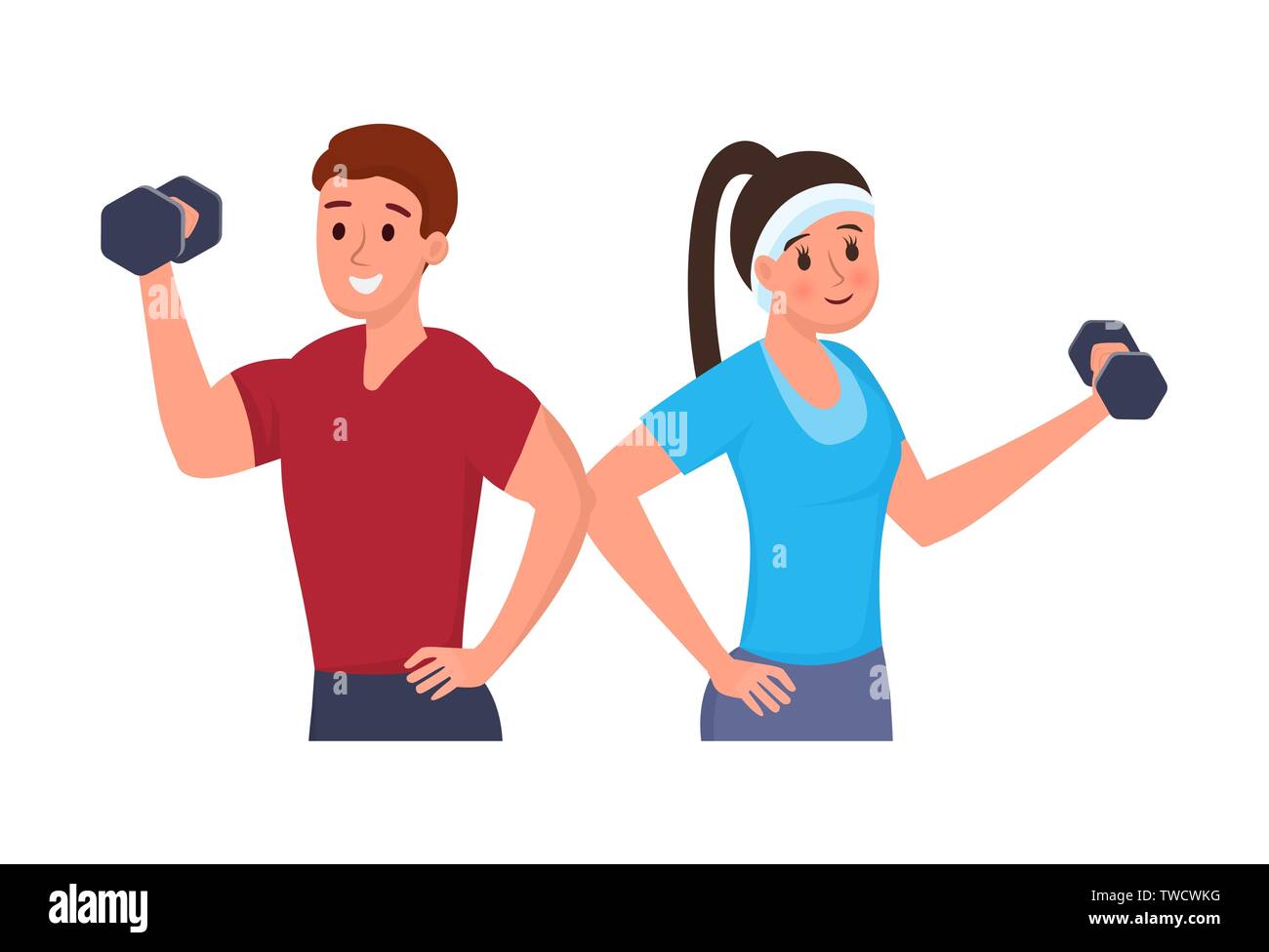 Man and woman with dumbbells flat style vector illustration isolated on ...
