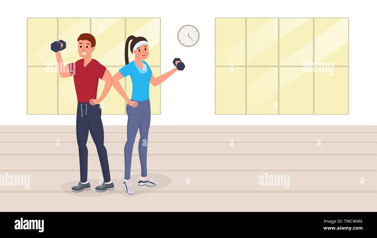 Happy man and woman with dumbbells in gym flat style vector ...