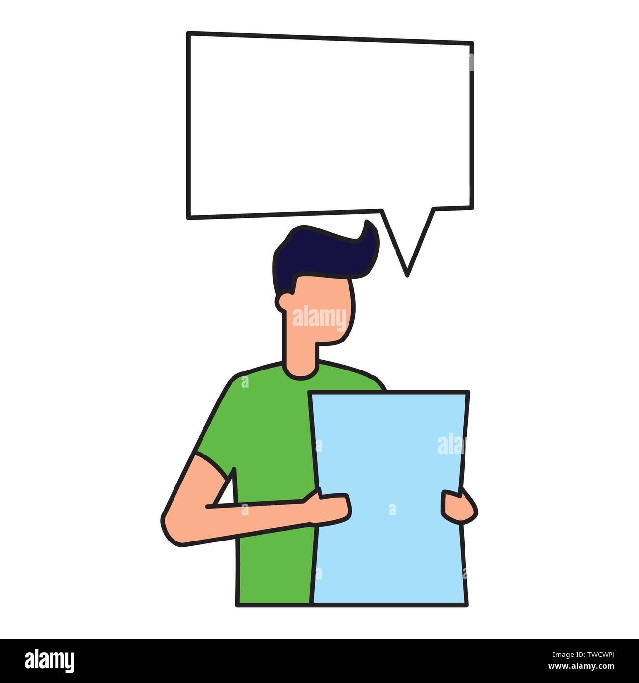 young man holding paper talk bubble vector illustration Stock Vector