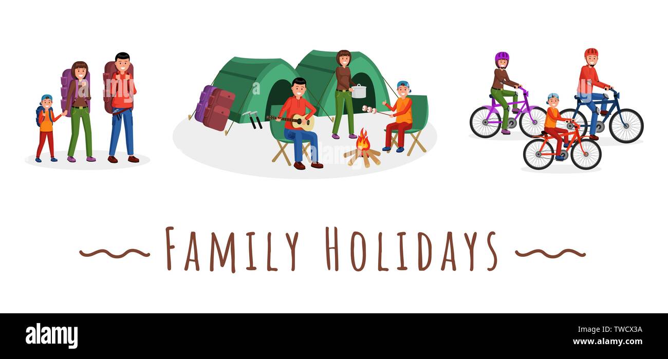 Set of family with various sports activities. Family holidays flat style vector illustration. Mother father and kid living active lifestyle Stock Vector