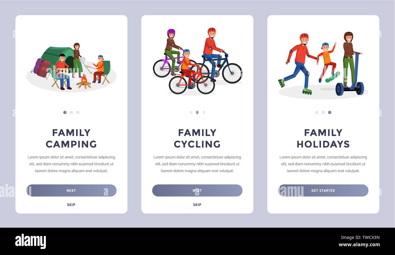 Set of family activities onboarding screens for mobila application or website flat style vector illustration Stock Vector