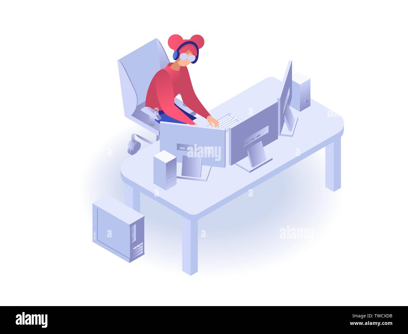 Woman working on the computer flat 3d isometric vector isolated on white background Stock Vector