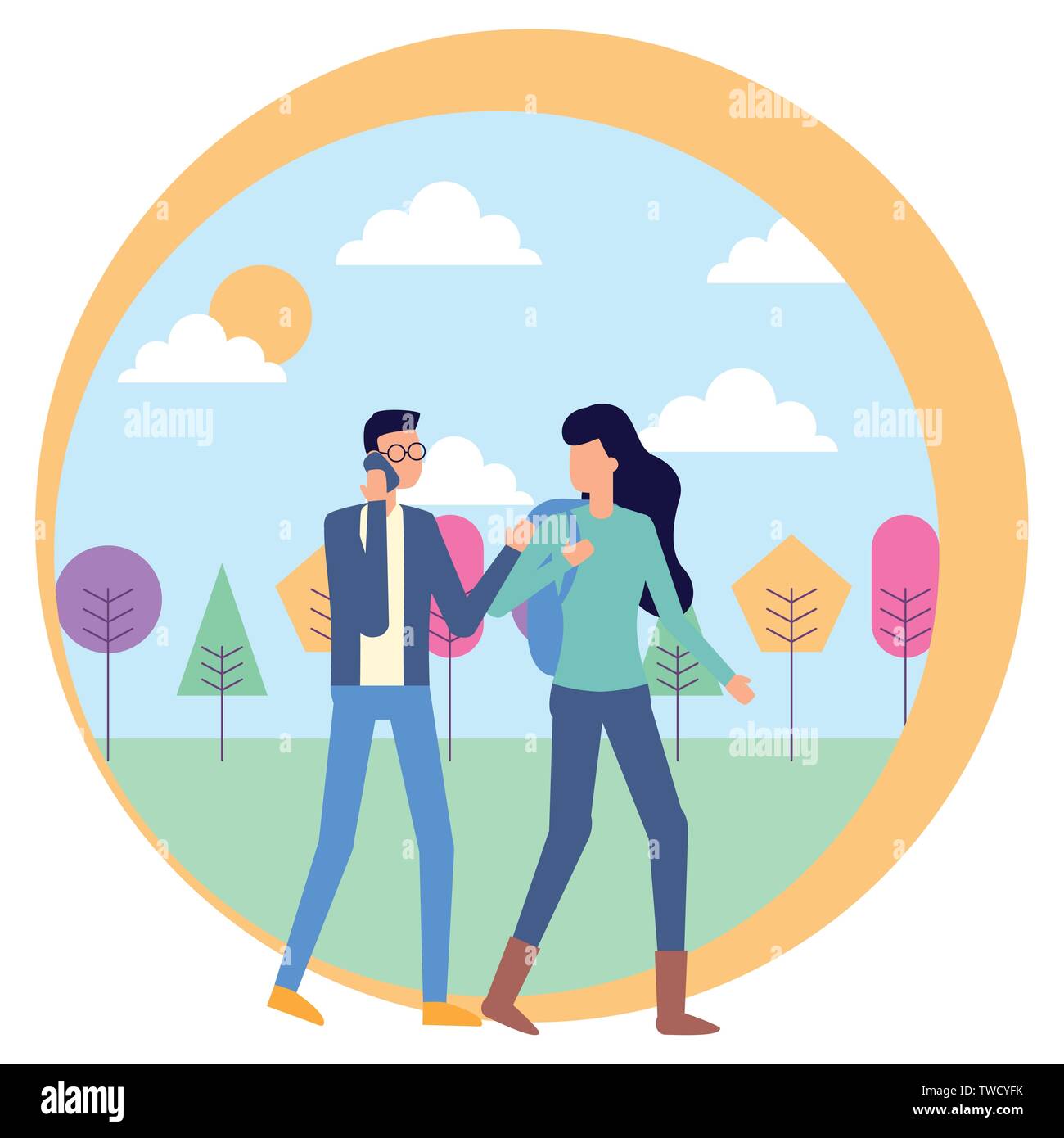 man using smartphone and woman with bag outdoors vector illustration ...